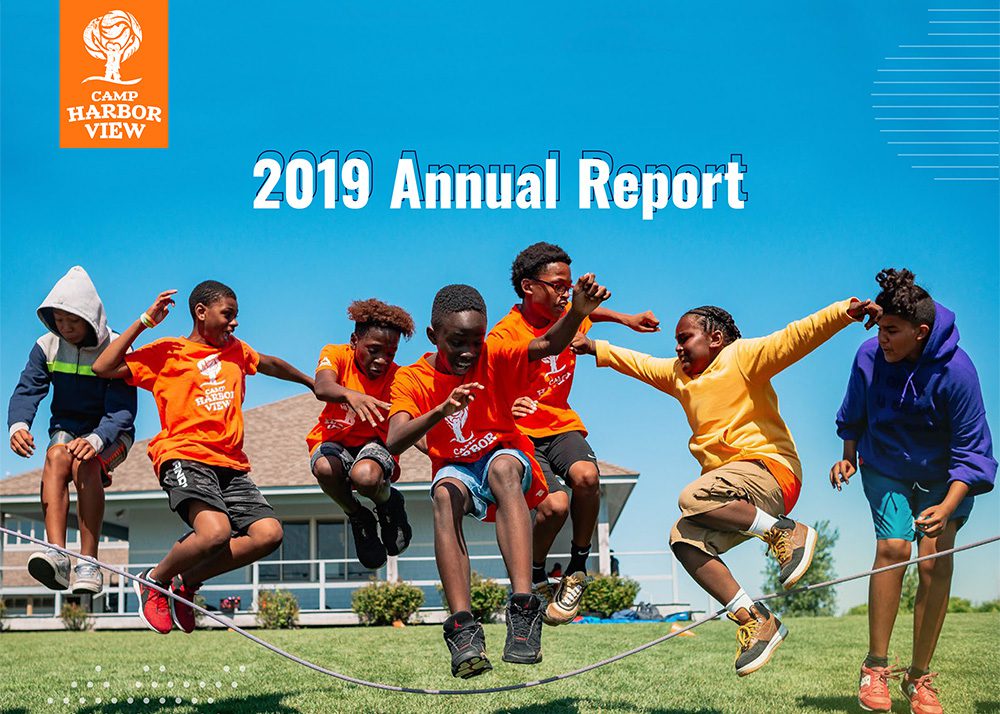 2019 Annual Report (kids jumping rope, wearing Camp Harbor View t-shirts)
