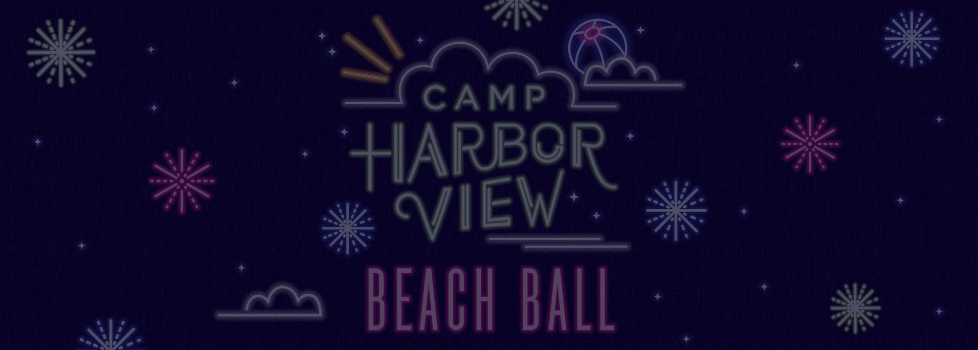 Camp Harbor View Beach Ball (animated graphic flashing neon letters, clouds, sun, and stars)