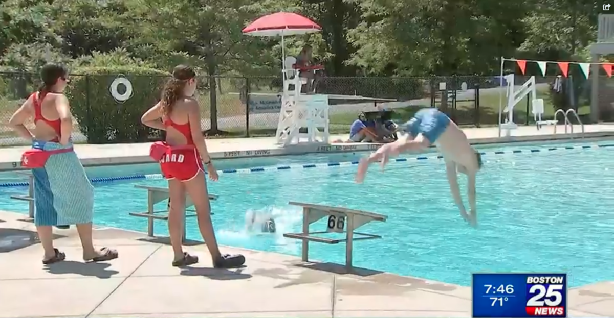 Kids diving into pool with two lifeguards looking on