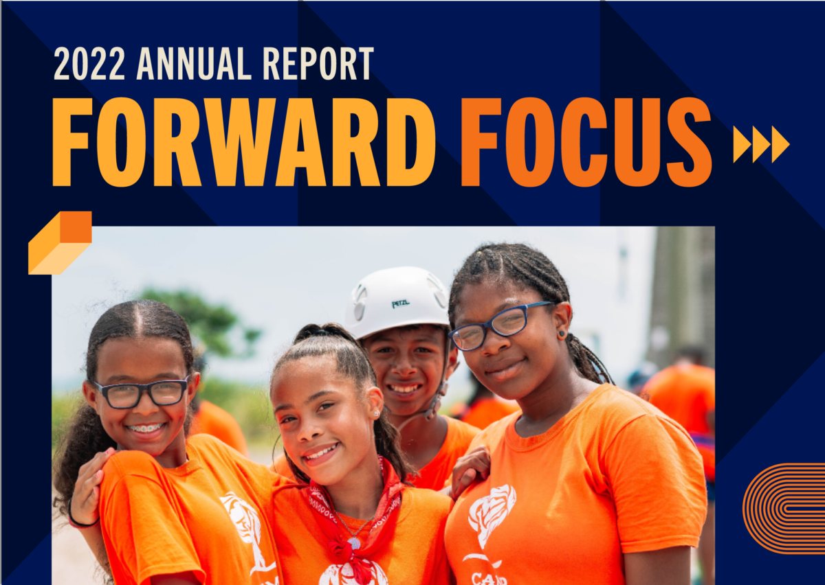 2022 Annual Report - Forward Focus >>> (image of 4 campers in orange Camp Harbor View t-shirts)