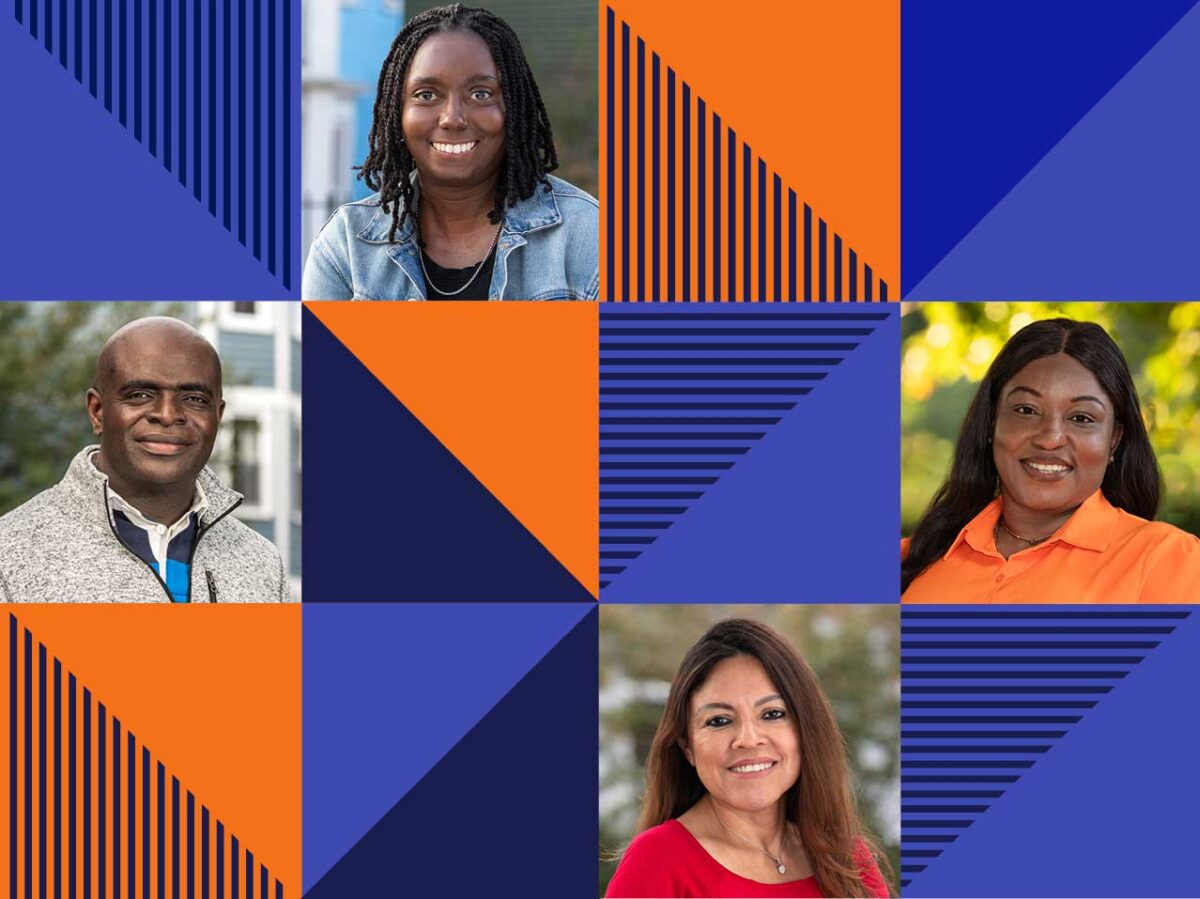 Grid of purple, navy blue, and orange shapes and photos of participants in the Direct Cash Program pilot