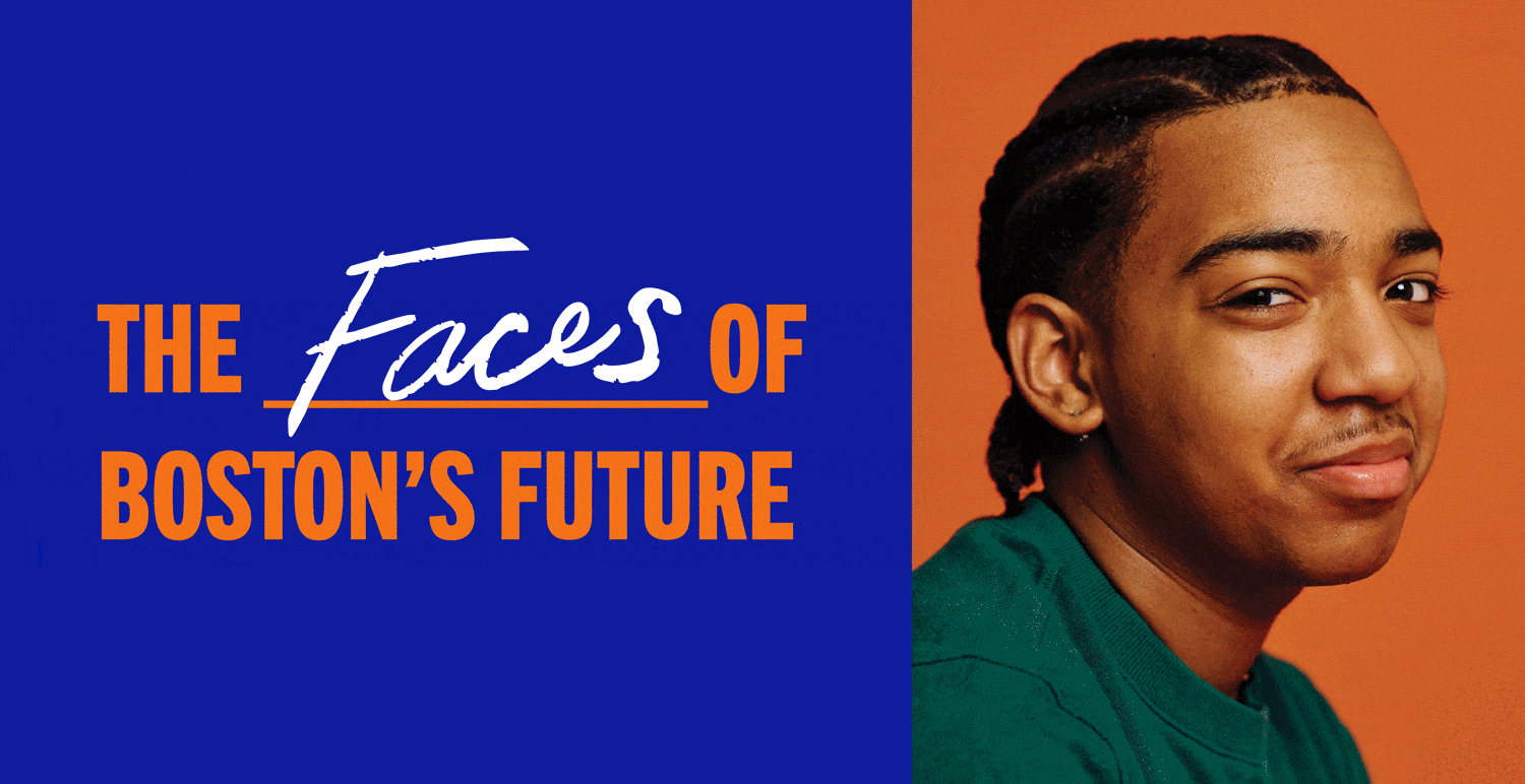Animated text reading "The Faces of Boston’s Future" alongside smiling portraits of diverse young people.