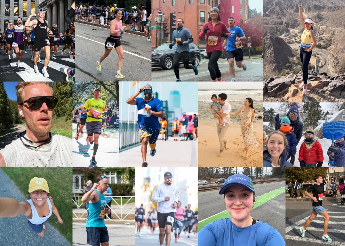Collage of team members running marathons, training outdoors, and spending time with family in different seasons and locations.